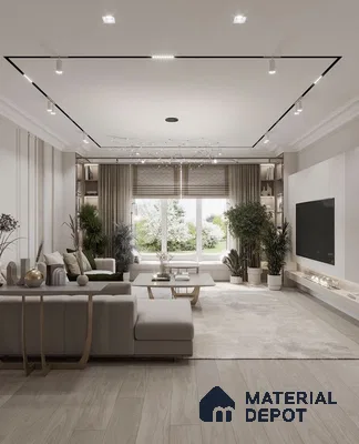 A kitchen with marble counter tops and stainless steel appliances on the wall, along with hanging lights hanging from the ceiling over the ceiling over the wall next to an island in front of a wooden floor and white